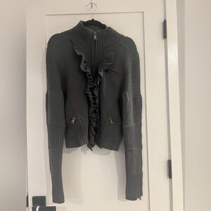 Diane von Furstenberg Gray Long Sleeve Zip Up Ribbed Cardigan Ruffles Size L